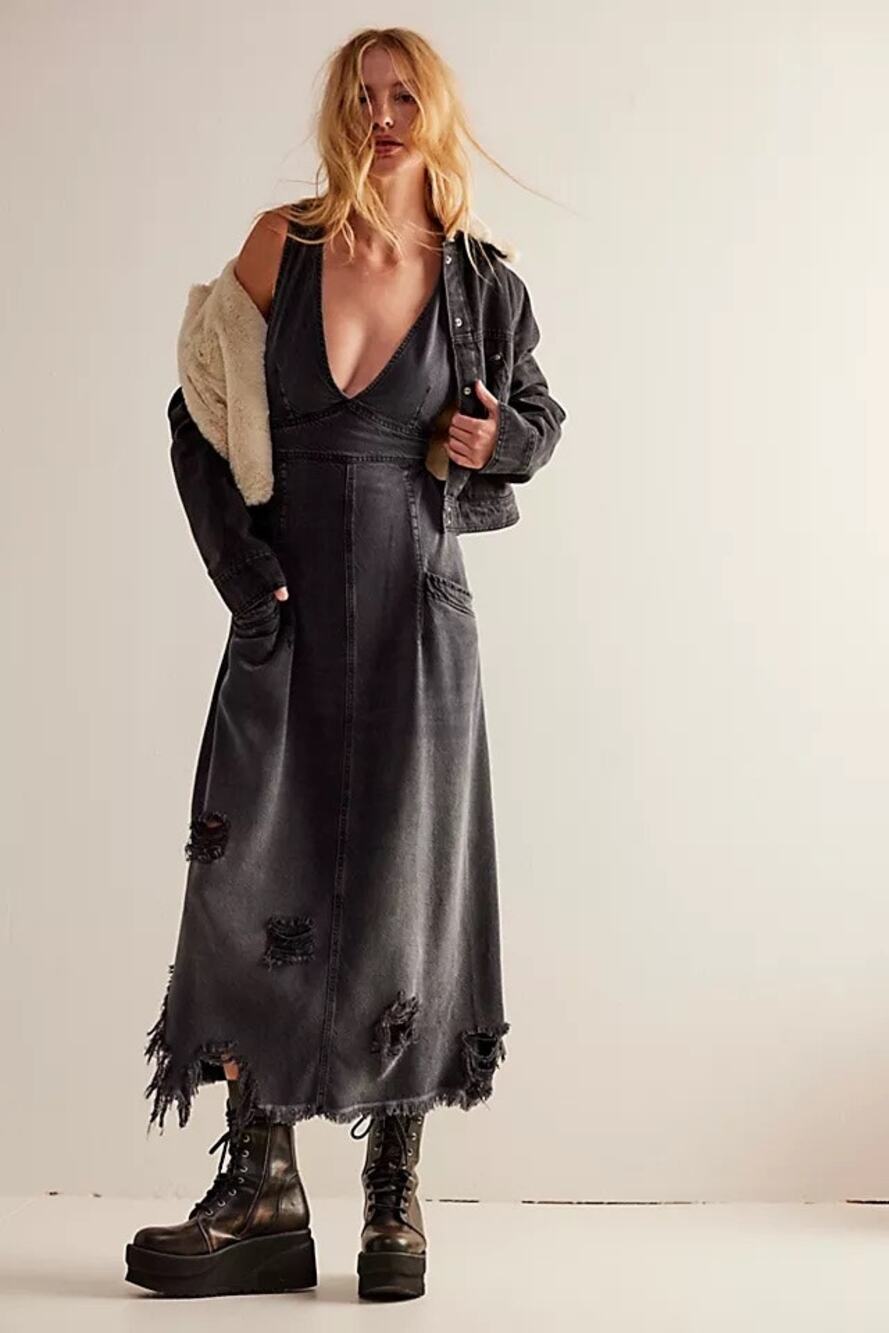 Free People We The Free Wonderland Maxi Dress Black Denim Distressed Size Small